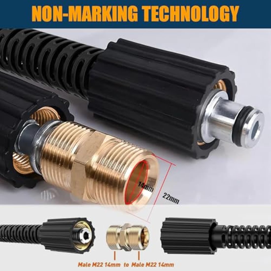 OHAYORI High Pressure Washer Hose 15M/50FT, M22 Replacement Power Washer Hose, Flexible Jet Wash Extension H ose with M22 Male Thread Connector for Pressure W asher with M 22 14mm Thread,18Mpa/2610PSI