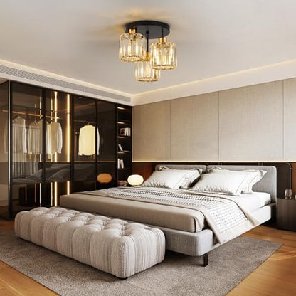 FORCOSO Ceiling Light 3 Lights, Black and Gold Light Shade Crystal Light Fitting, Semi Flush Modern Chandelier Lampshade, E27 Lighting Fixture for Living Room Bedroom Hallway Kitchen Dining Room