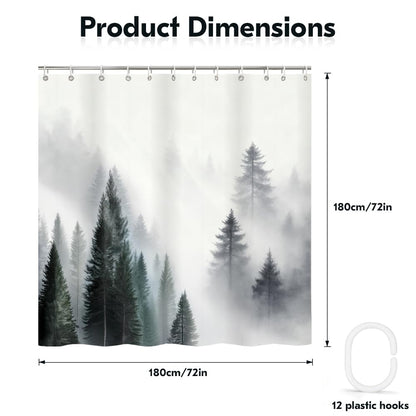 Rohxyzo Washable Shower Curtain with Hooks, Wet Room Shower Curtain 180 x 180 cm, Ink Art Misty Forest Print