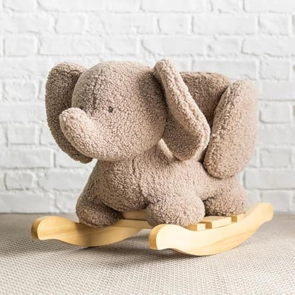 Nattou Wooden Rocker, Fully Padded Seat, Side Supports, Safety Belt, Handles For Small Hands, PETA-Approved Vegan, Soap-Water Cleaning, Super Soft Teddy Fabric Material, 10-36 Months, Taupe Elephant