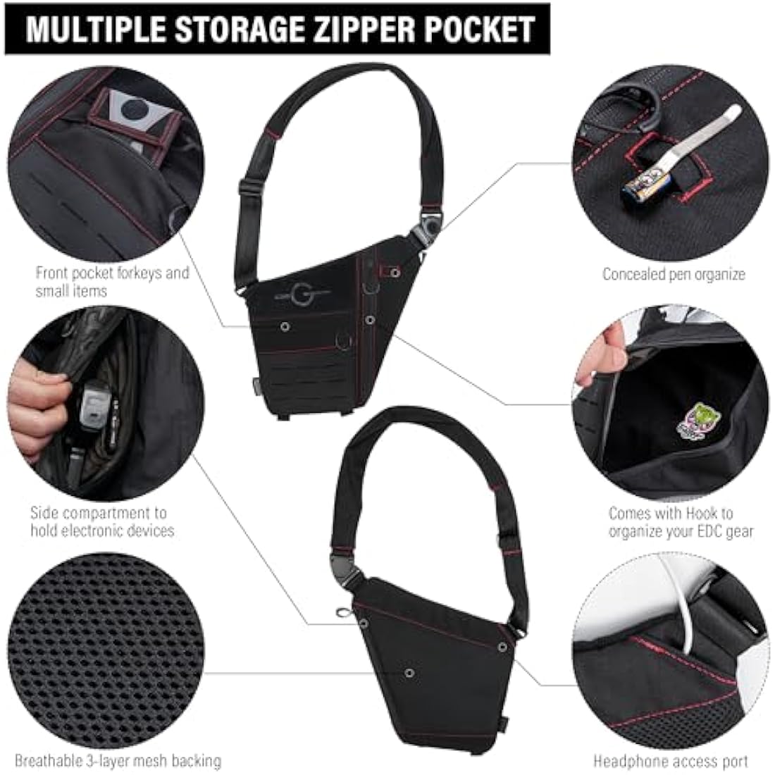 TACTICAL_GEEK Cache L1 Sling Shoulder Bag, Lightweight Multipurpose Daypack, Chest Backpack Casual Shoulder Crossbody for Daily Carry, Outdoor Sports, Hiking, Camping, Trekking, Black Red& Left
