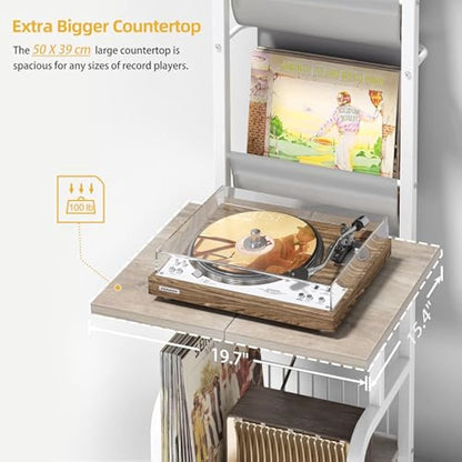 Bikoney Vinyl Record Storage with Player Stand, Turntable Stand and Display Shelf for Up to 200 Albums, Vinyl Record Holder Cabinet with Wall Mount for Living Room or Bedroom White