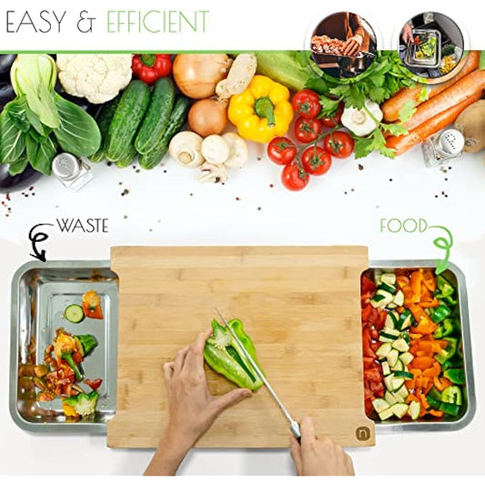 Naturlik Chopping Board Made of Bamboo Wood with 2 Magnetic Pull-Out Trays | Practical Kitchen aid: Waste to Left – Food to The Right