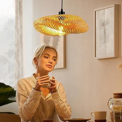 Schindora Bamboo Lampshade,Light Straw Retro Hat Pendant Light Creativity Pendant Light Fixtures Weaving Pendant Lighting Ceiling for Restaurant Tea Room Bedroom Living Room Cafe,50Cm