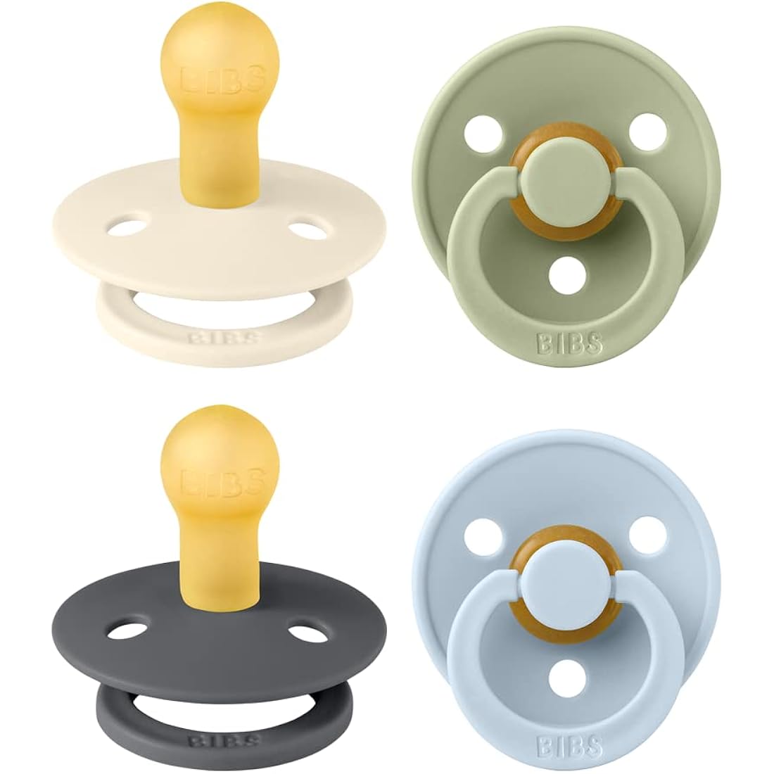 BIBS Dummies Colour 4-Pack, BPA Free Dummy Pacifier, Round Nipple Soothers, Natural Rubber Latex, Made in Denmark. 0-6 Months (Pack of 4), Iron Mix