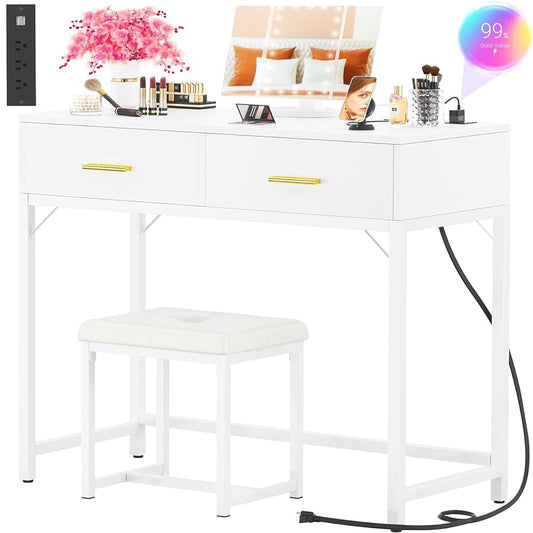 iSunirm 36 Inch Vanity Desk with Mirror and Drawers, Vanity Table and Stool, Dressing Table with Lights and Socket Strip for Bedroom, White