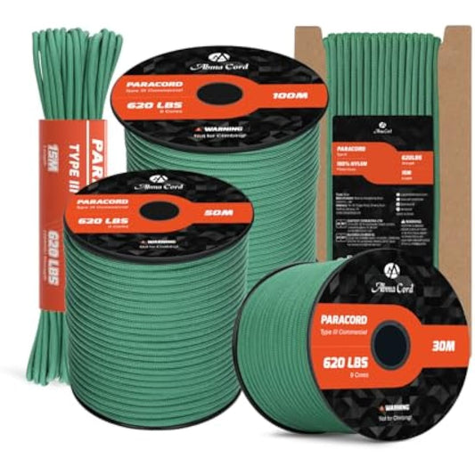 Abma Cord Paracord 4mm 100m 100% Nylon Rope 9 Strands Type III Parachute Cord for DIY, Camping, Survival, Outdoor - Max. 280kg - Kelly Green