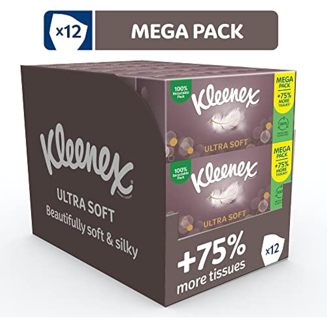 Kleenex® Ultra Soft Tissues Mega Pack - 1,344 Sheets (12 Boxes x 112 Sheets) -– Beautifully Soft and Silky Tissues