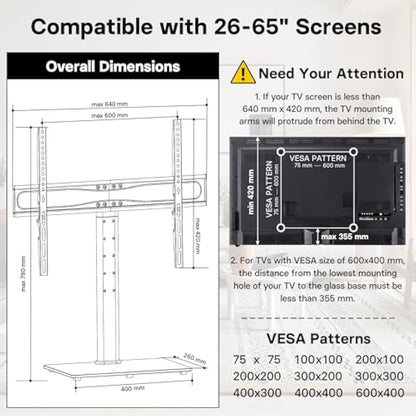 BONTEC Universal Table Top Pedestal TV Stand with Bracket for 32-65 inch LCD/LED/Plasma TVs, Height Adjustable TV stand with Tempered Glass Base & Cable Management, Holds 45 KG & Max.VESA 600x400mm