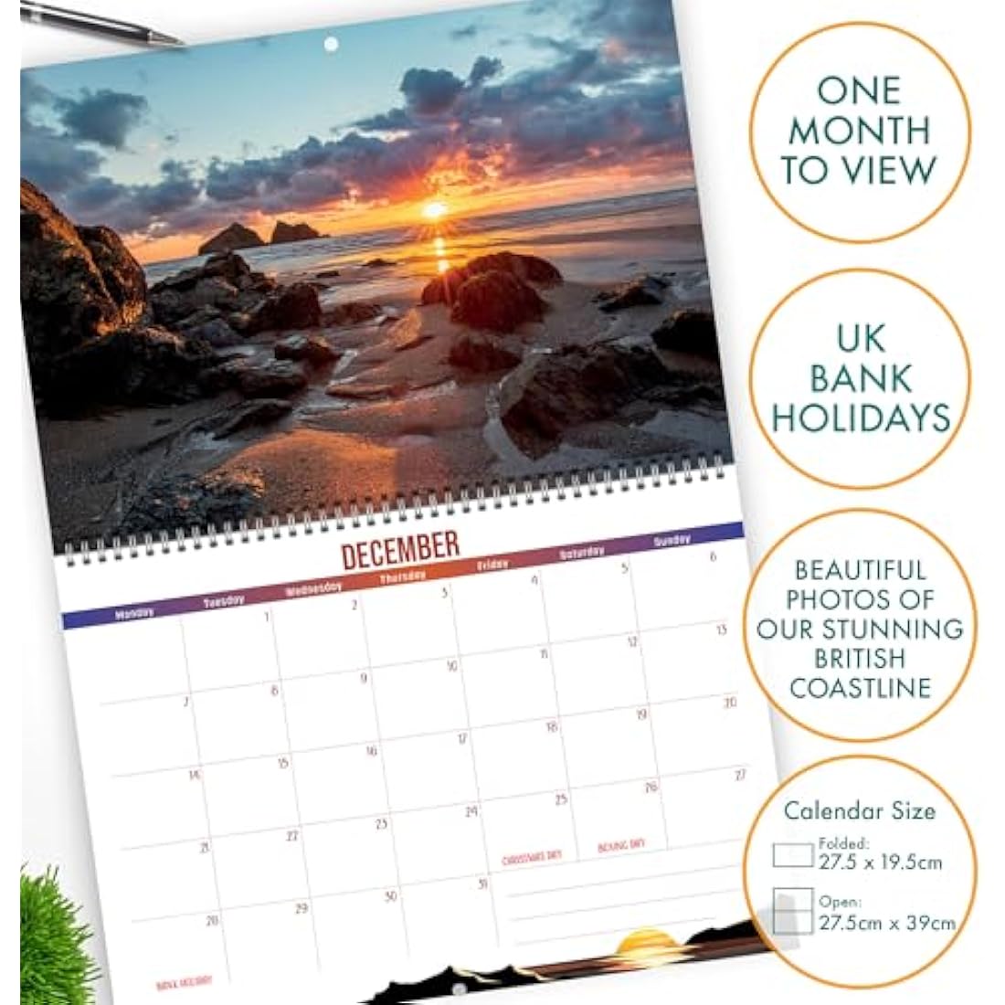 British Coast Calendar 2026, with beautiful scenery from the British Isles. 2026 wall calendar UK, month to view with spiral binding, by Just Cards Direct