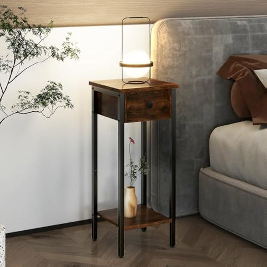 IBUYKE Slim Bedside Table Set of 2, Narrow Nightstand with Drawer, Telephone Table for Small Spaces, 25x25x70cm, Small Side End Table for Bedroom Living Room Hallway, Brown TMJ417H-2