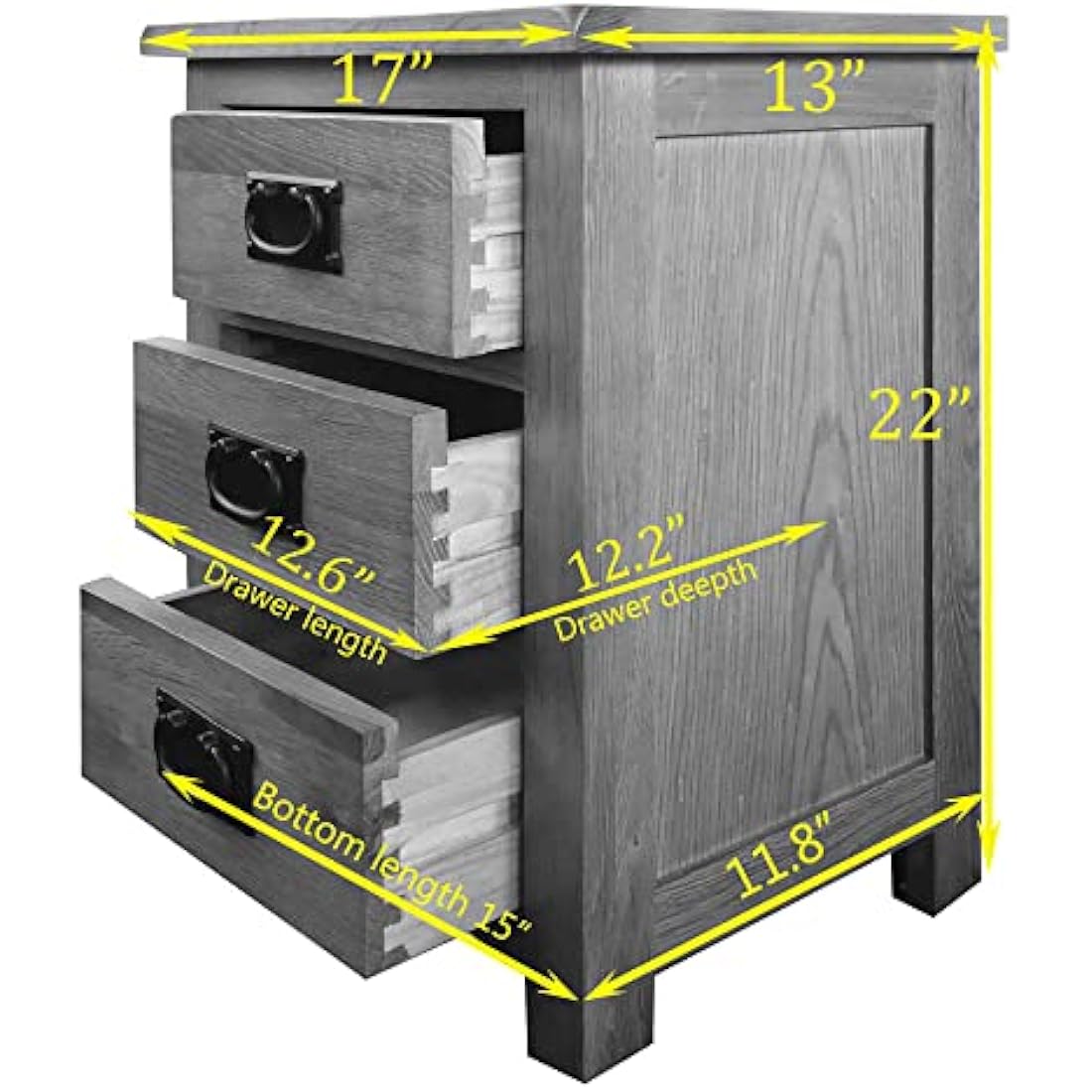 Aurotrice OAK Bedside Table 3 Drawers, NC Paint Cabinet, OAK MDF Board & Hardwood W:42 D:32 H:56 CM