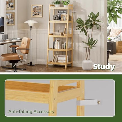 vovala Bookshelf, 5 Tier Ladder Bookcase with Bamboo Frame, Freestanding Tall Narrow Display Plant Shelf for Living Room, Kitchen, Bedroom, Balcony, Natural