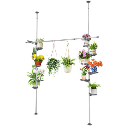 BAOYOUNI Indoor Plant Pole Stand Double Tension Rods Flower Pot Storage Shelf Holders Floor to Ceiling Display Rack Hanger with 12 Trays, 2 Hooks & 1