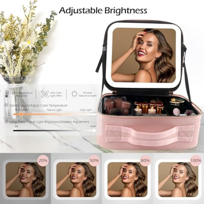 MOMIRA Travel Makeup Bag Cosmetic Bag Makeup Organizer Bag with Lighted Mirror, Adjustable Brightness in 3 Color Scenarios, Waterproof Makeup Train Case, Gift for Women - Pink