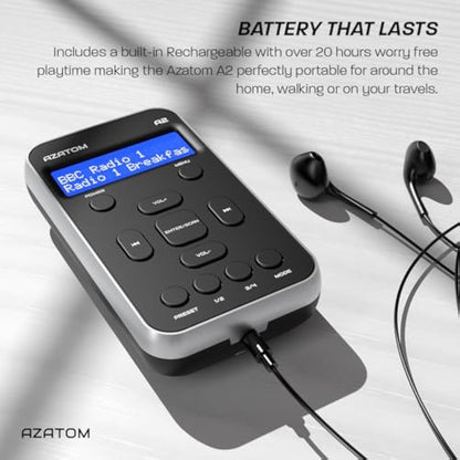Portable DAB/DAB+ & FM Digital Radio | Sports Earphones Included | Clear Digital Display | Rechargeable Battery (10-12 Hours) | Perfect for Sports, Hiking or Working | AZATOM A2 (Silver/Black)