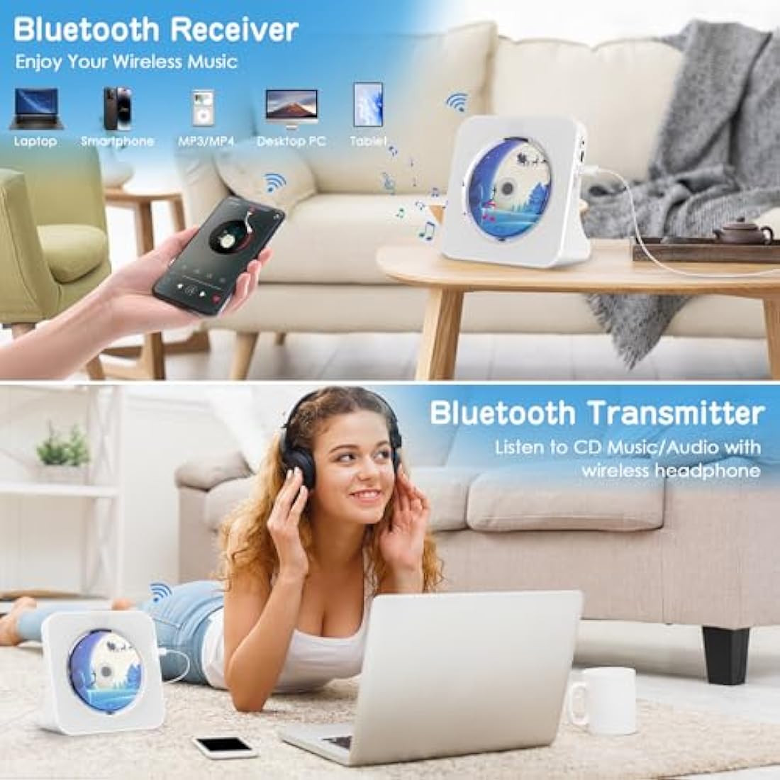 KOVCDVI CD Player for Home Desktop CD Player with Speakers CD Players Bluetooth 5.0 with Remote Control Dust Cover Display FM Radio Timer USB AUX Headphone Port