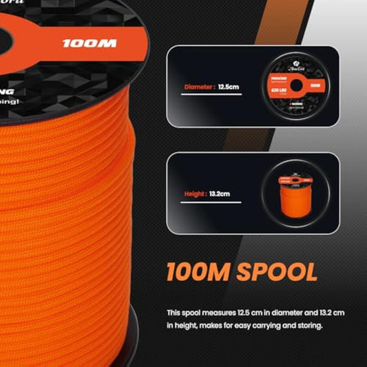 Abma Cord Paracord 4mm 100m 100% Nylon Rope 9 Strands Type III Parachute Cord for DIY, Camping, Survival, Outdoor - Max. 280kg - Orange