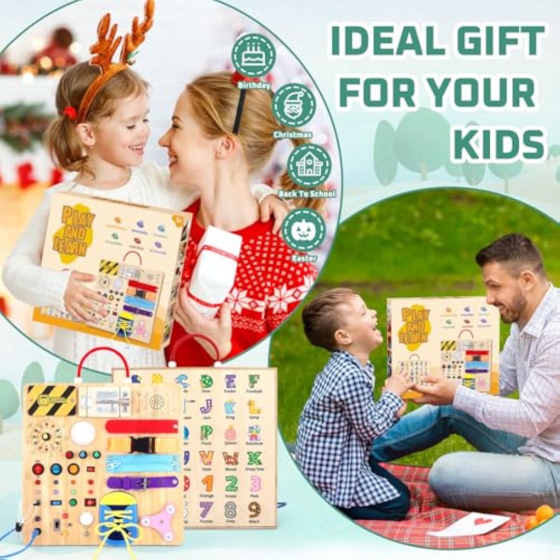 23 in 1 Busy Board Montessori Toys from 1 year Activity Board Wooden Toy With 15 Switches, 26 LED Lights, Motor Skills Toy for 1 2 3 year old boys and girls