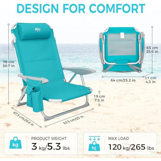 #WEJOY 4-Position Folding Beach Chair - Lightweight Aluminum Camping Chair for Adults, High Back Recliner with Pillow & Storage Pocket, Portable