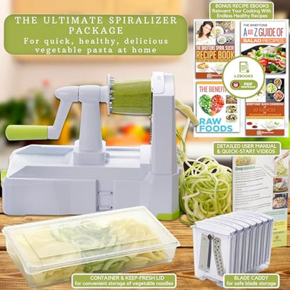 Brieftons 10-Blade Vegetable Spiralizer: Strongest-Heaviest Spiral Slicer, Best Veggie Pasta Spaghetti Maker for Low Carb, Paleo, Gluten Free Meals, with Blade Caddy, Container, Lid & 4 Recipe Ebooks