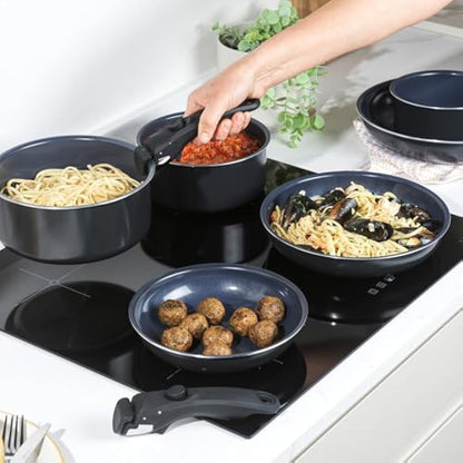 Russell Hobbs RH03321EU7 Smart Clip Pot and Pan Set – 8 Piece Ceramic Non-Stick Frying Pans & Saucepans with 2 Detachable Handles, Stackable Design, PFAS-Free, Induction Oven Safe, Marine, Navy Blue