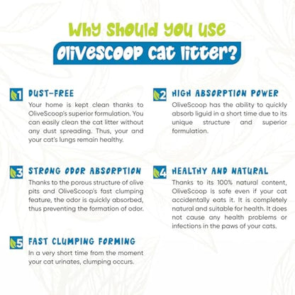 OLIVE SCOOP 100% Natural Dust-Free Clumping Cat Litter – Natural Olive Pits, Unscented, Biodegradable, Low Tracking, Odor Control, Safe for Kittens & Multi-Cat Homes - 24L (8Lx3Pack)