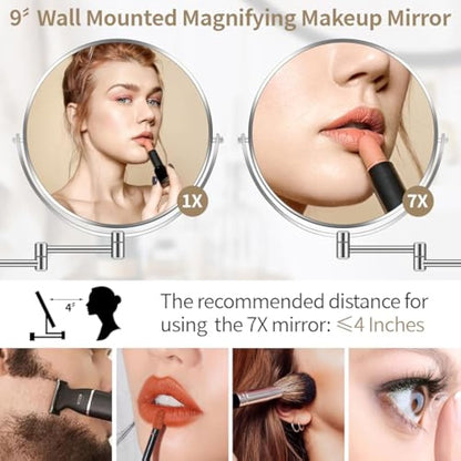 BTremary 9” Large Wall Mounted Makeup Mirror 1X/7X Double-Side Bathroom Magnifying Mirror 360 Swivel Vanity Mirror Extendable Shaving Wall Mount Cosmetic Mirror for Men and Women, Chrome