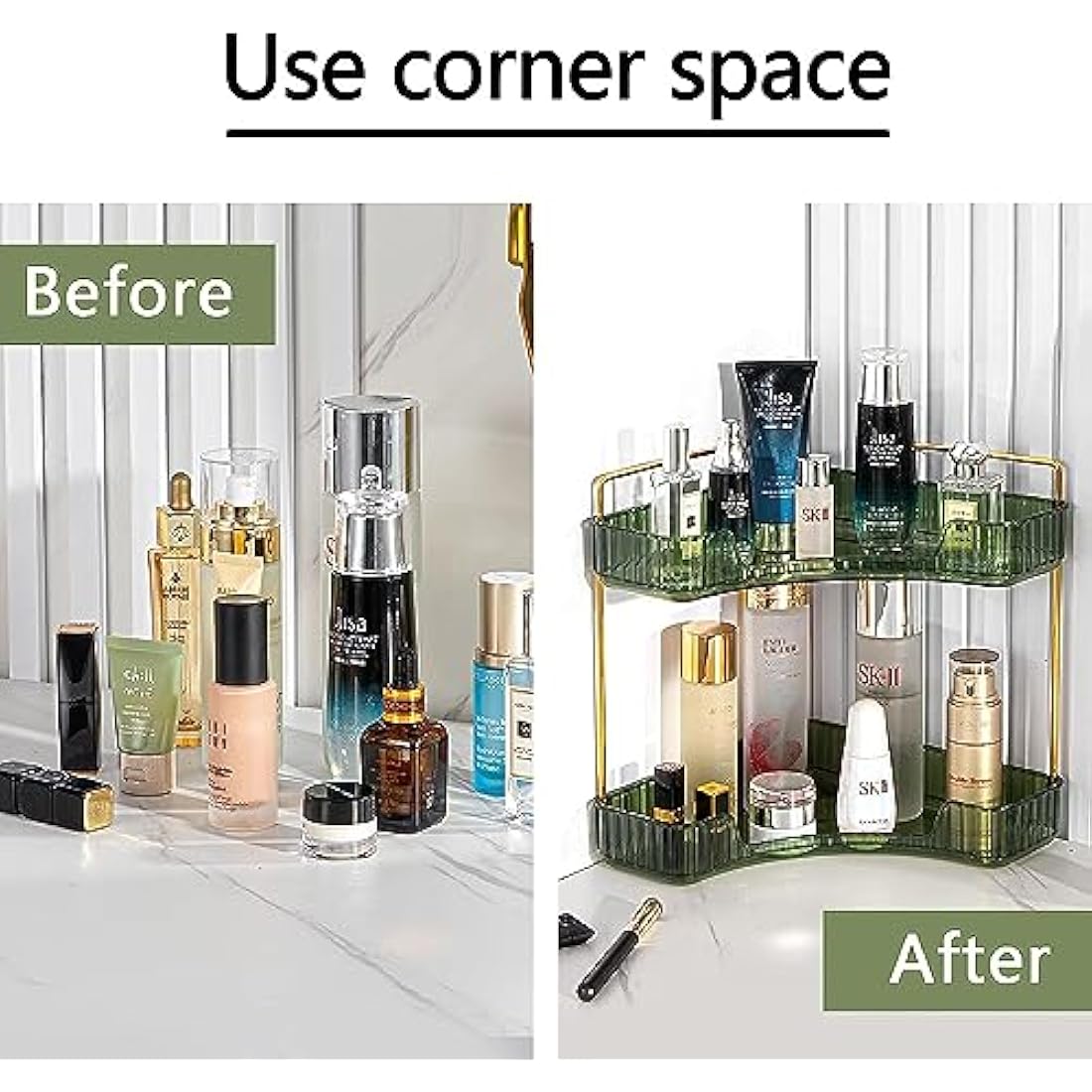 Baoswi 2-Tier Green Corner Makeup & Skincare Organiser, Perfume & Dressing Table Organiser, Triangle Corner Storage