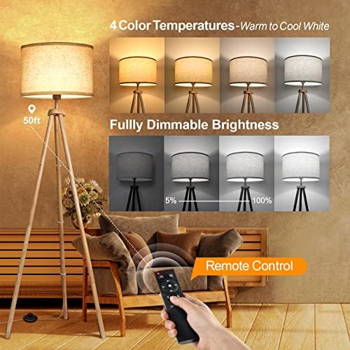 OUTON Solid Wooden Tripod Floor Lamp, Dimmable LED Standing Lamp with Remote Control & 4 Color Temperatures, 1H Timer, Floor Lamp with Linen Shade for Living Room Bedroom(Blub Included), Wood
