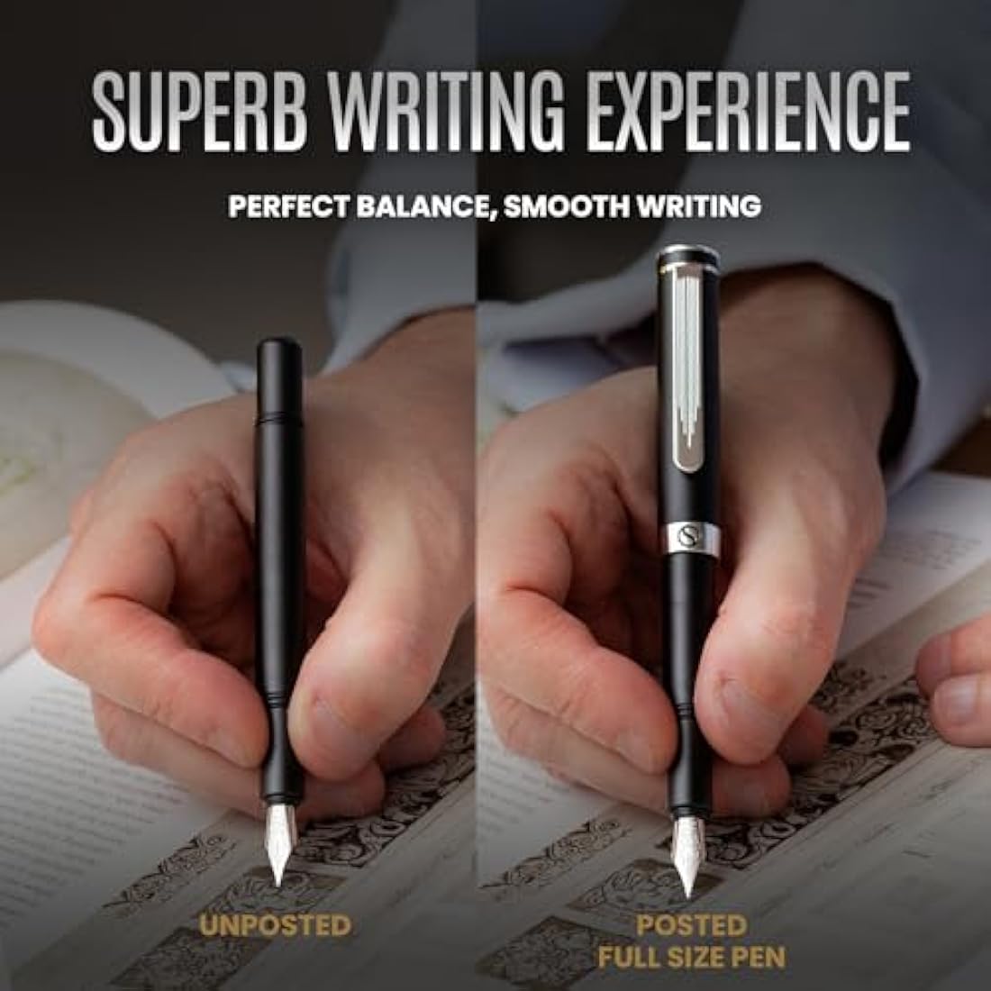 Scriveiner Luxury EDC Fountain Pen (Fine), Stunning Matt Black with Chrome Finish, Schmidt German Nib, Converter, Best Writing Gift Set for Men & Women, Nice Fancy Office Designer Pocket Pen