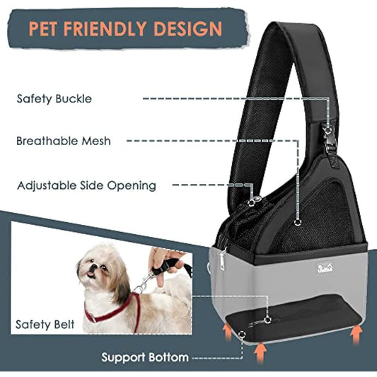 Eyein Pet Puppy Sling Carrier, Up to 12 lbs Hand Free Cat Dog Papoose, Hard Bottom Support Small Animal Travel Tote Bags with Breathable Mesh Adjustable Padded Strap Safety Belt Machine Washable