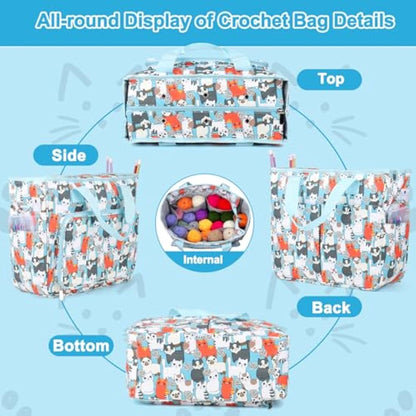 Aeelkie Knitting Bag Large, Crochet Bag Yarn Storage Bag, Craft Bag with Compartments, Portable Knitting Storage Organiser Tote Bag for Carrying Projects, Wool, Knitting & Crochet Tools, Cute Blue Cat