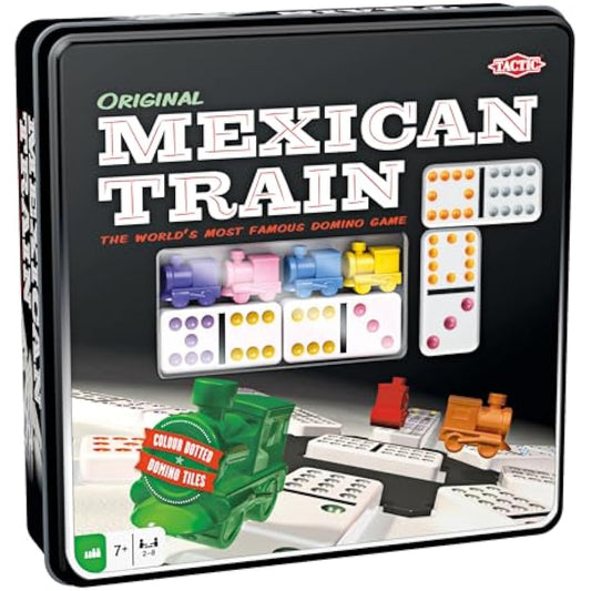 Tactic Mexican Train Domino Game for Kids, Adults, 2-8 Players - Portable, Compact Colored Domino Train Game in a Tin Box - Perfect for Game Nights, Get Togethers