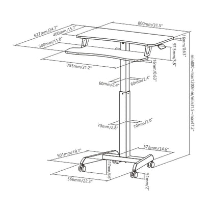Properav Mobile Two Tier Sit-Stand Desk Workstation 800x400mm Gas Spring Height Adjust 800-1200mm using Pedal with Keyboard Tray for Windows & Mac