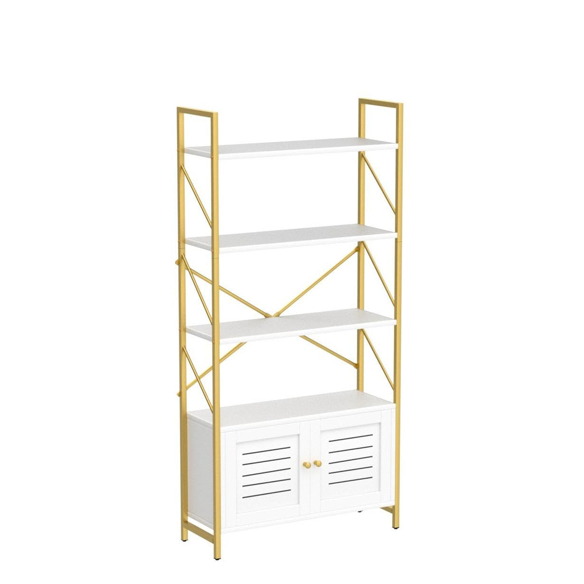 YITAHOME Bookcase with Storage Cabinet, Standing 5 Tiers Book Shelf Display Rack with Doors for Bedroom Living Room Office,White&Gold