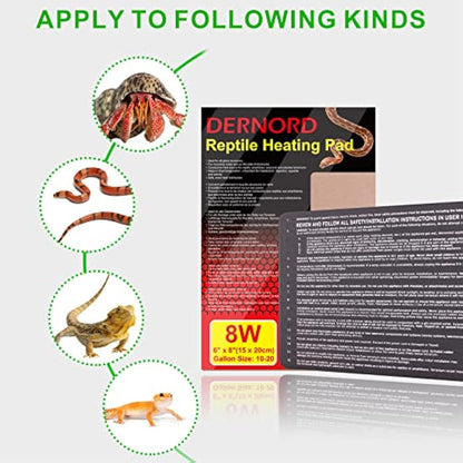 DERNORD Heat Mat with Thermostat - 8W Heat Mat Reptile and Digital Thermostat Combo Set for Snake Vivarium Bearded Dragon Lizard Tank