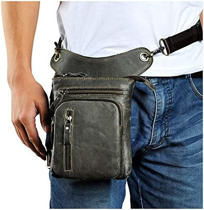 Le'aokuu Mens Genuine Leather Messenger Shoulder Bag Waist Bag Pack Drop Leg Bag Motorcycle 833