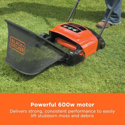 BLACK+DECKER Lawn Raker, 600W, Adjustable Height Scarifier with Large Capacity Front Loading Grass Box, GD300-GB