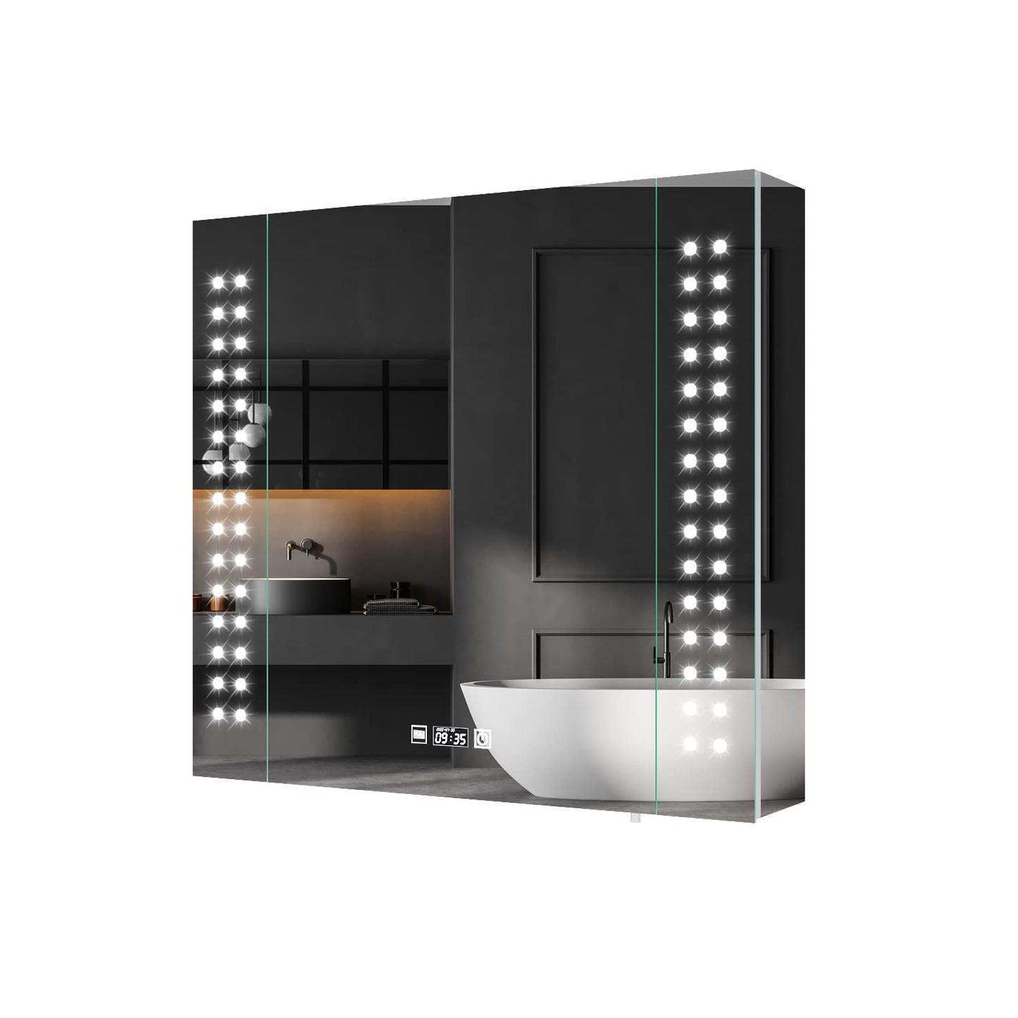 ELEGANT Illuminated Bathroom Mirror Cabinet with LED Lights, Stainless Steel Wall Mounted Mirror Cupboard with Demister Pad Shaver Socket & Sensor