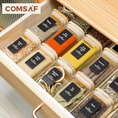 ComSaf 12 Pcs Glass Spice Jars with Bamboo Lids, 8oz/250ml Square Glass Storage Jars with 275 Black Lables, Airtight Spice Jars with Lids, Glass Container for Spice, Salt, Sugar, Seeds, Nuts etc