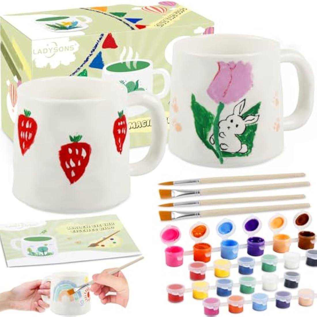 Paint Your Own Mug Set, Pottery Painting Kit for Adults, Art and Crafts Kit Includes Mugs, Brushes, Paints and Painting Inspiration Guide, Personalised Gift for All（2 Pack）