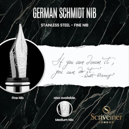 Scriveiner Black Green Fountain Pen - Stunning Luxury Pen with Chrome Finish, Schmidt Nib (Fine), Best Pen Gift Set for Men & Women, Professional, Executive, Office, Nice Pens