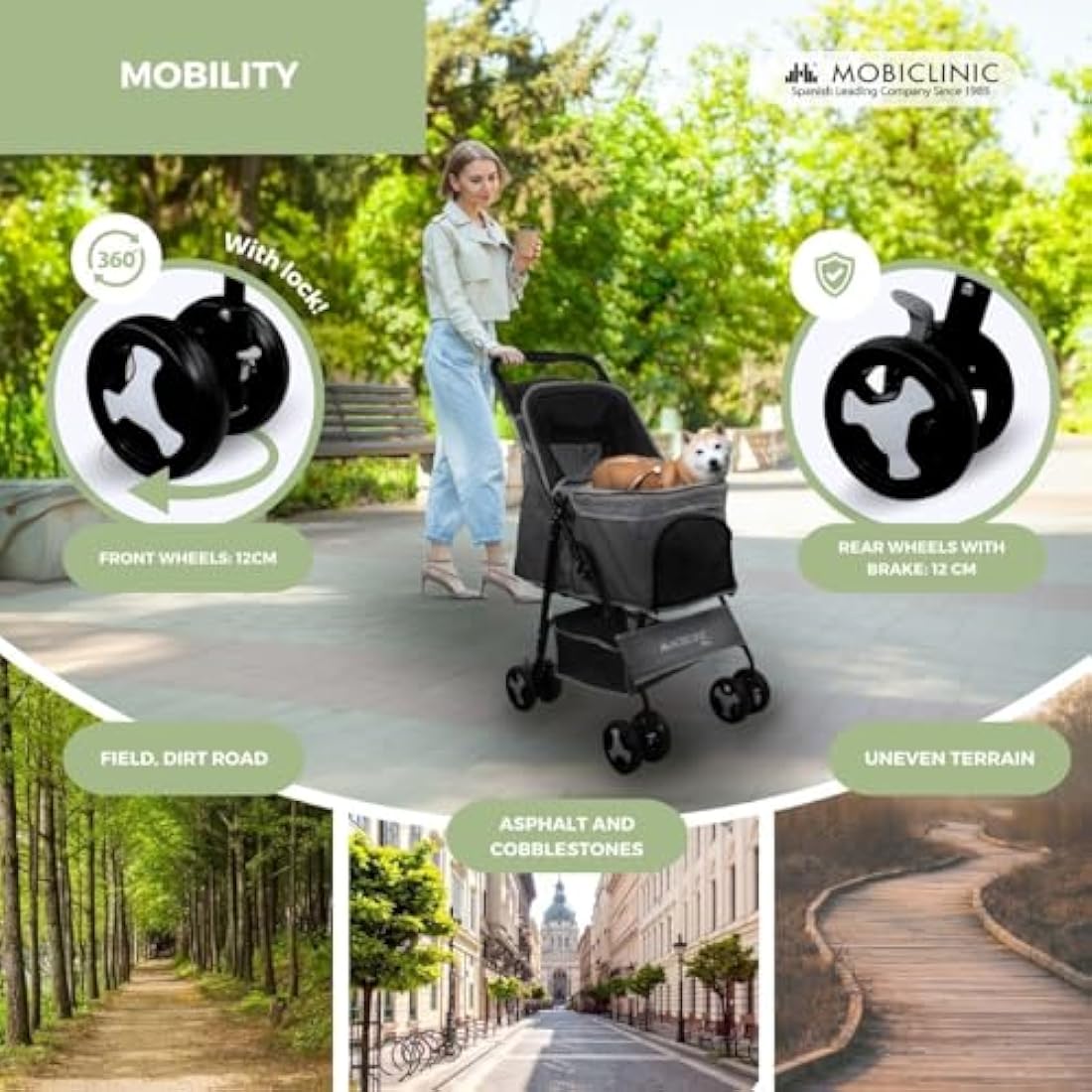 Mobiclinic® Pets Foldable Dog Pram, Up to 15 kg, Ideal for Small Dogs, Pet Stroller, Zuma, Wheels with 360° Brakes, XXL Basket, 3 Windows with Zip and Mosquito Net, Cup Holder