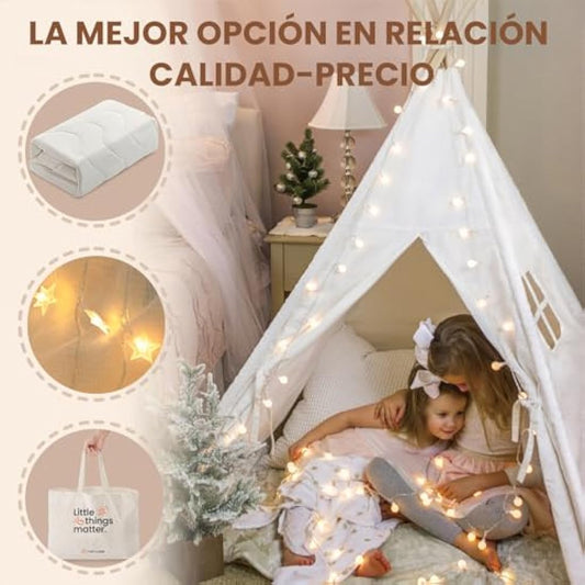 Tiny Land Kids Teepee Tent with Padded Mat & Light String& Carry Case- Kids Foldable Play Tent for Indoor Outdoor, Raw White Canvas Teepee - Kids Playhouse - Portable Kids Tent,Off-White 1.6m