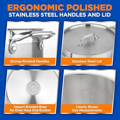 NutriChef 10 litres Stainless Steel Stockpot with Stainless Steel Lid - 18/8 Heavy Duty Large Stock Pot for Stew & Soup, Works w/Induction hub