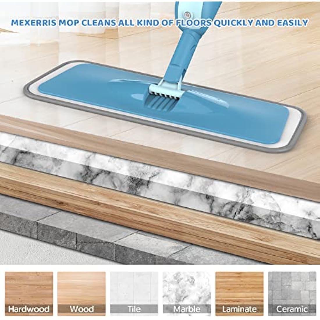 Microfibre Spray Mops for Floor Cleaning- MEXERRIS Floor Cleaning Mop With Spray 4 Microfiber washable Pads and 2 Reffilable Bottles Wet Dust Mop for Laminate Wood Vinyl Ceramic Hardwood