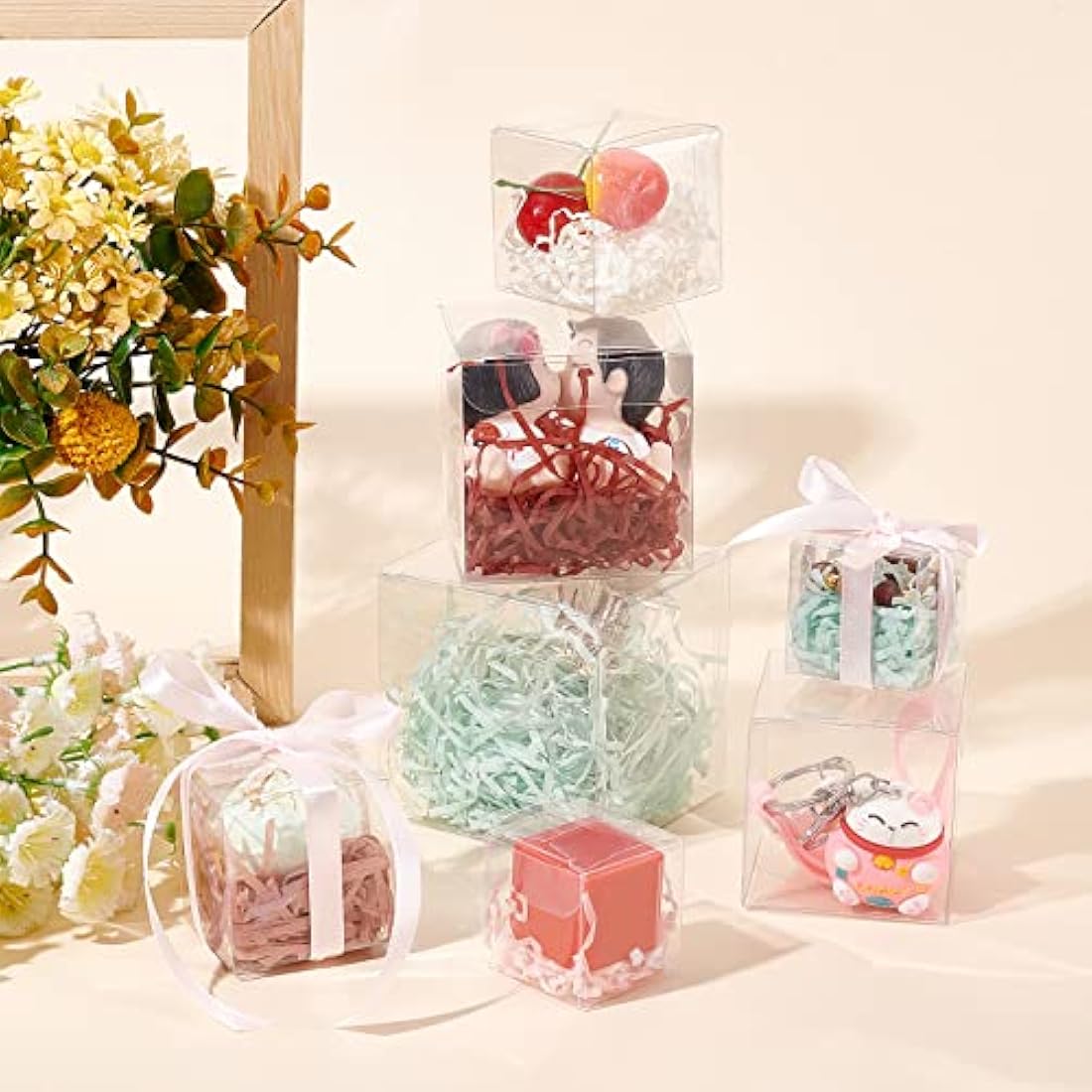 BENECREAT 60PCS 5x5x5cm Clear Cube Wedding Favour Boxes with Protective Film, PVC Transparent Cube Gift Boxes for Jewelry Storage Display, Candy, Chocolate, Cake, Balloon