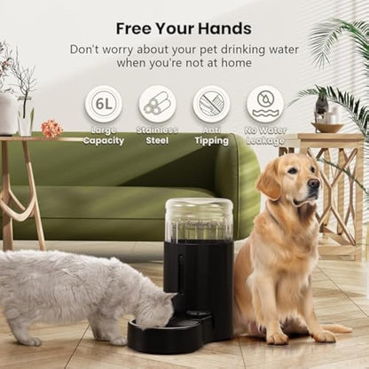 JUNSPOW Pet Water Dispensers, 6L Gravity Large Capacity Stainless Steel Water Dispenser, 100% BPA-Free Automatic Pet Waterer for Cats & Small/Medium-Sized Dogs, Black