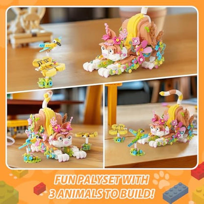 IKUPER Cat Building Set with Flowers, Animal Kit for Kids Aged 10+, Boys & Girls Botanical Toy, for Christmas, Birthdays, Valentine and Easter (1038 Pieces)